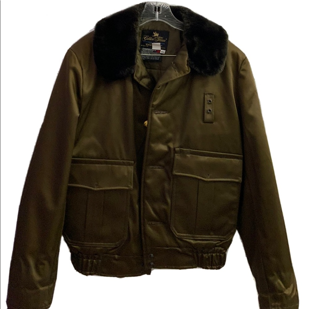 Golden Fleece Aviator Police Bomber Jacket Brown Size 40 Fur Collar Thinsulation